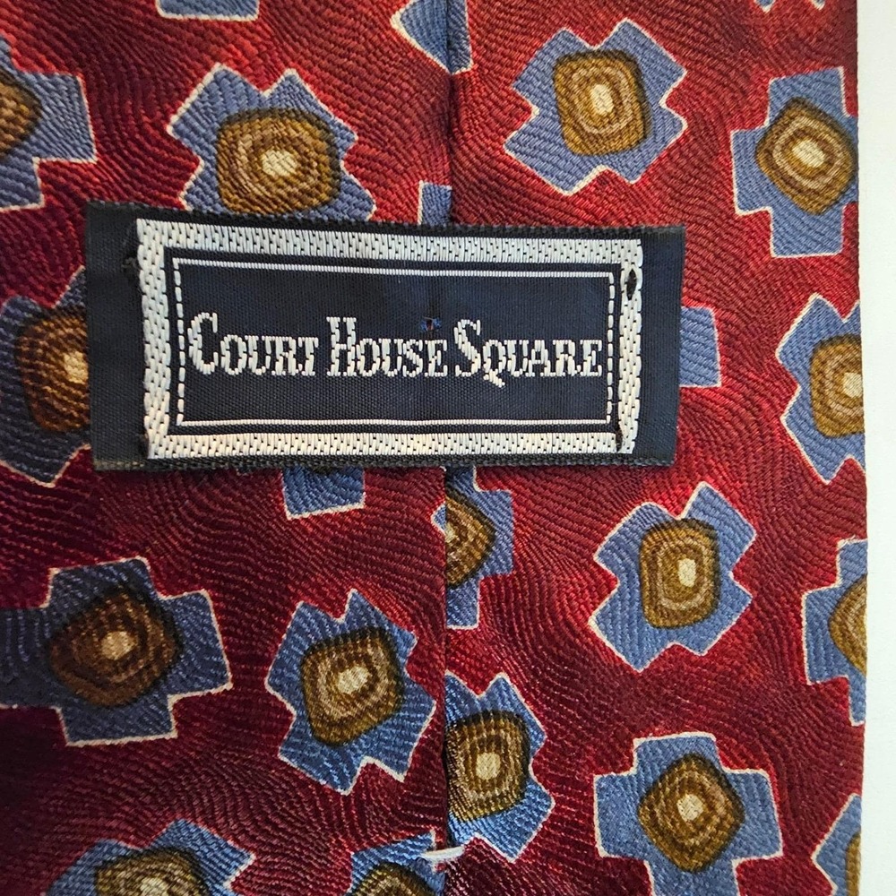 Court House Vintage Square Men's Silk Red Blue Geometric 100% silk Tie